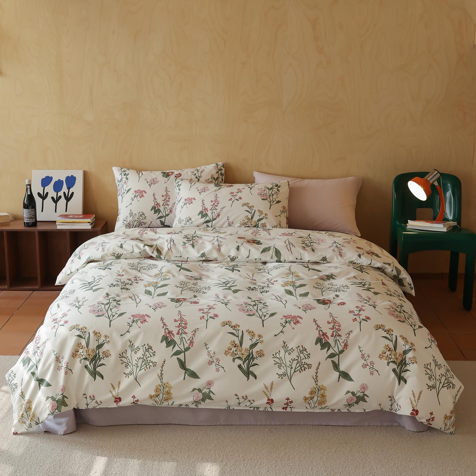 Highbuy Floral Duvet Cover Queen - 100% Cotton Bedding Set 3 Piece,Girls Boys Cottagecore Bedding Comforter Cover Queen,Ultra So